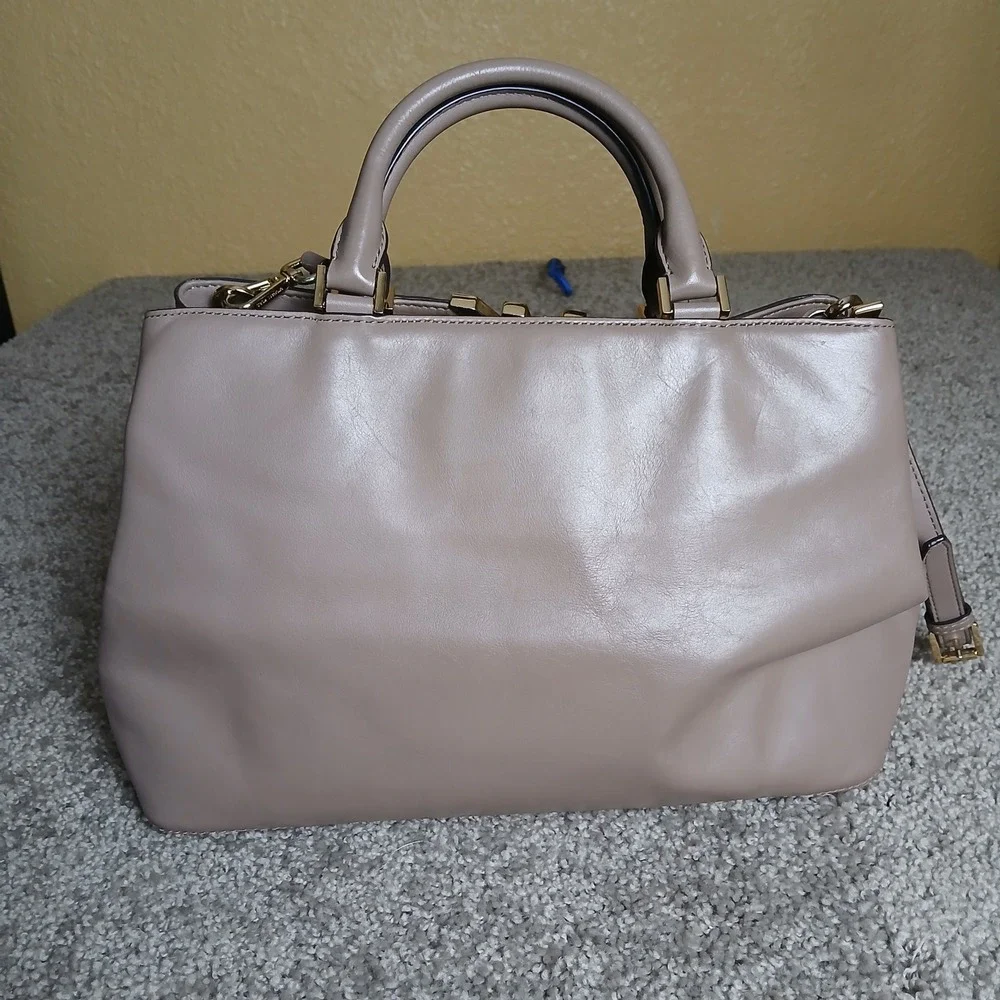 Michael Kors Taupe Leather Satchel Crossbody Bag Gold Hardware MK Handbag Logo